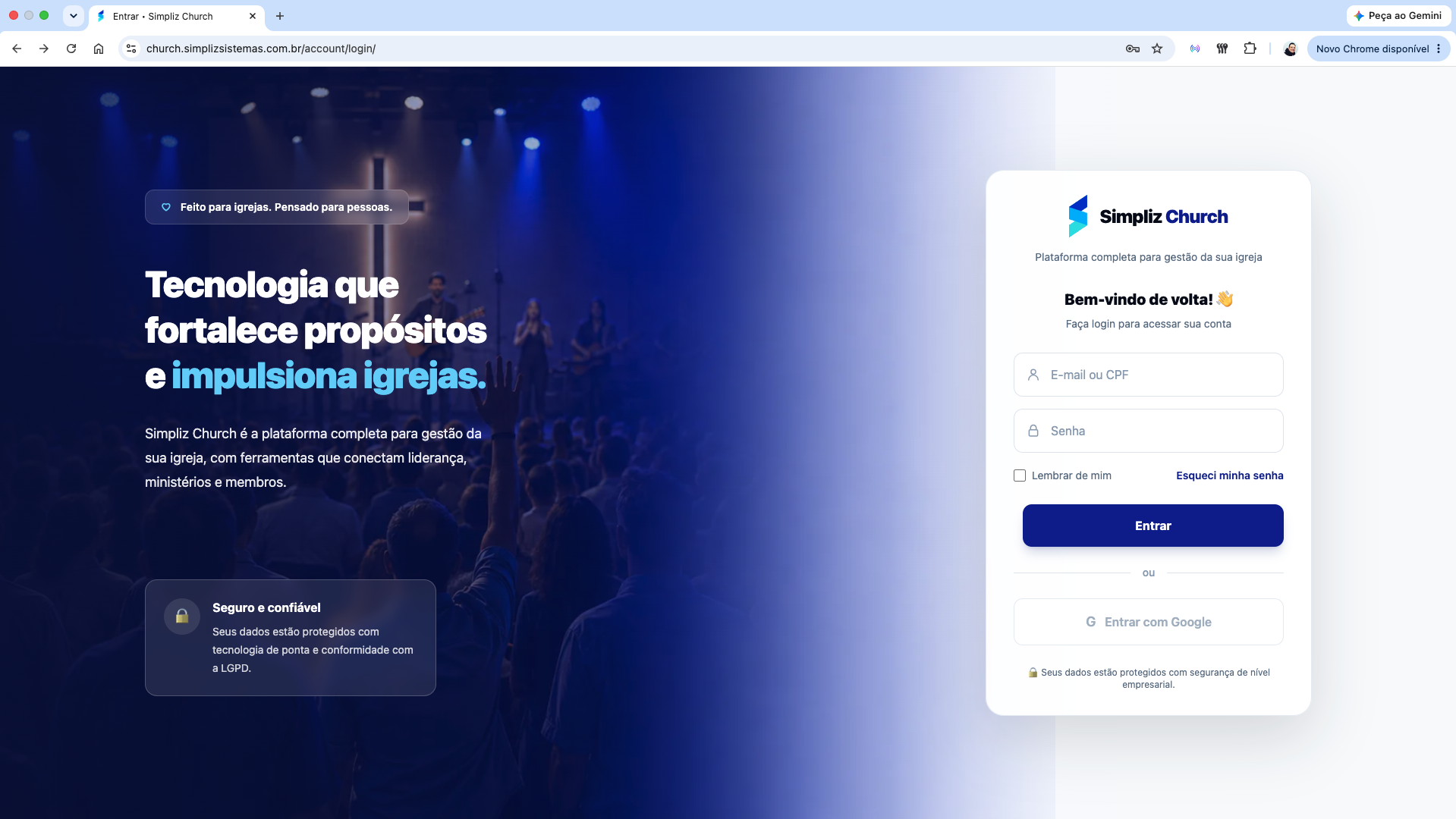 Tela do sistema Simplíz Igrejas